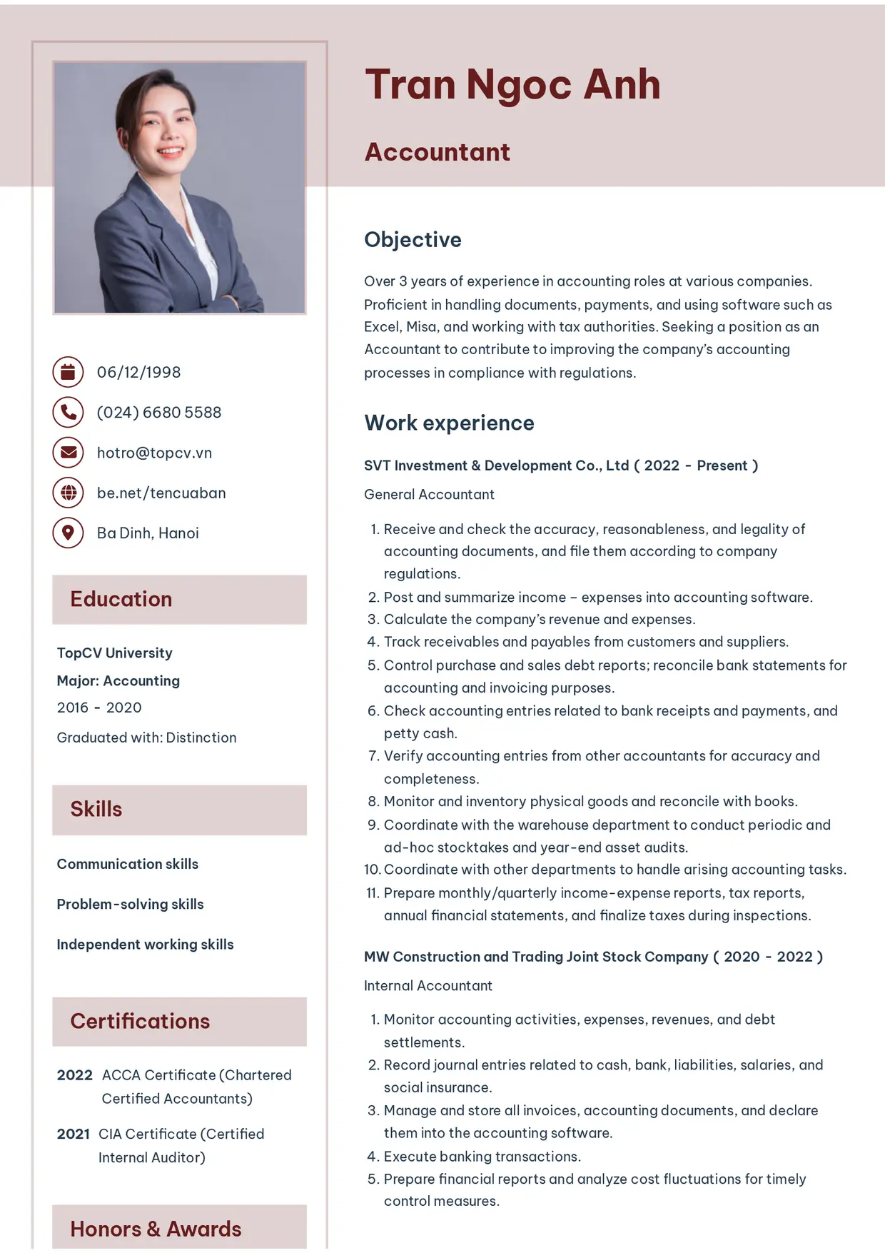 Mẫu CV xin việc tiếng Anh - Thanh nhã