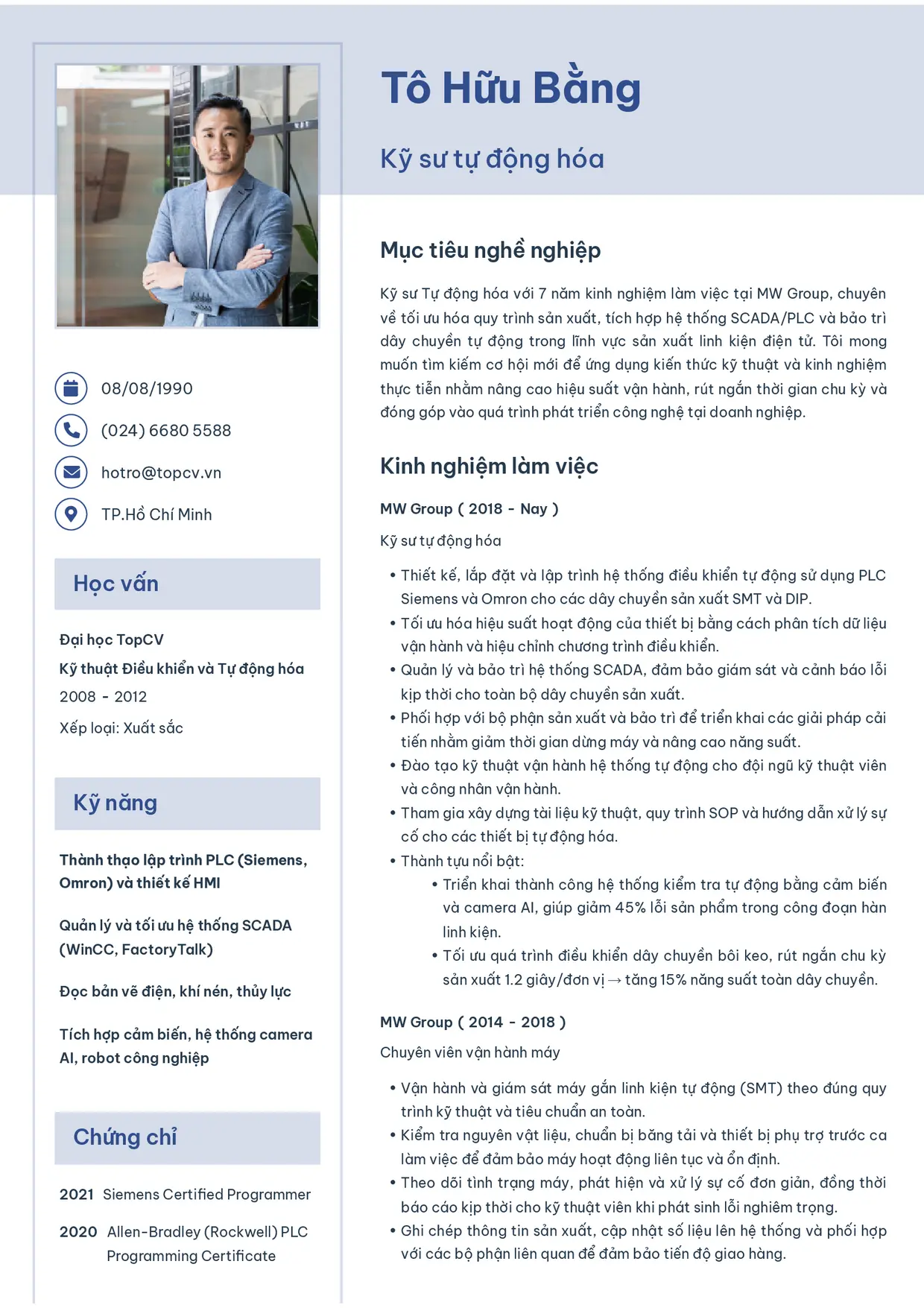 Mẫu CV xin việc Kỹ sư tự động hóa