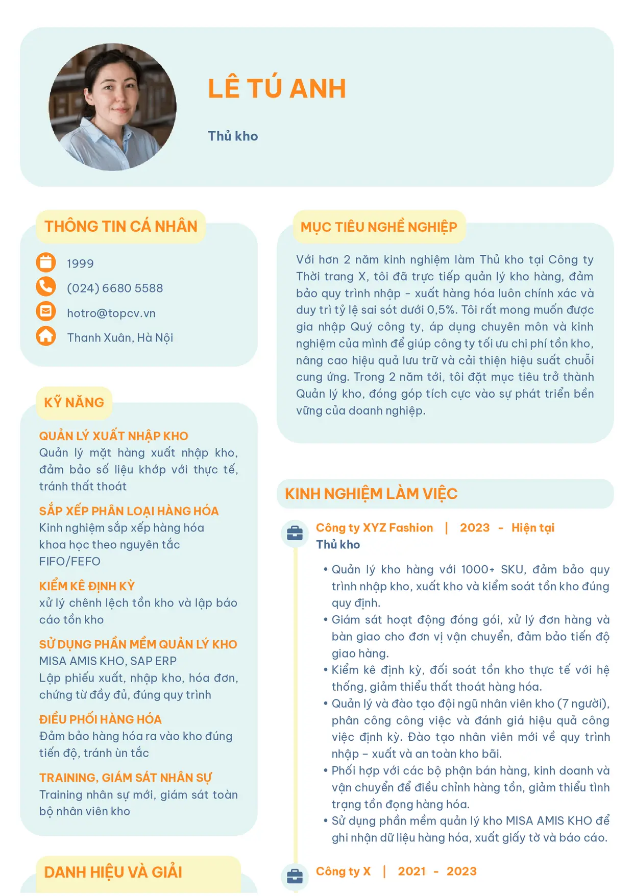 Mẫu CV Thủ kho style Basic 3