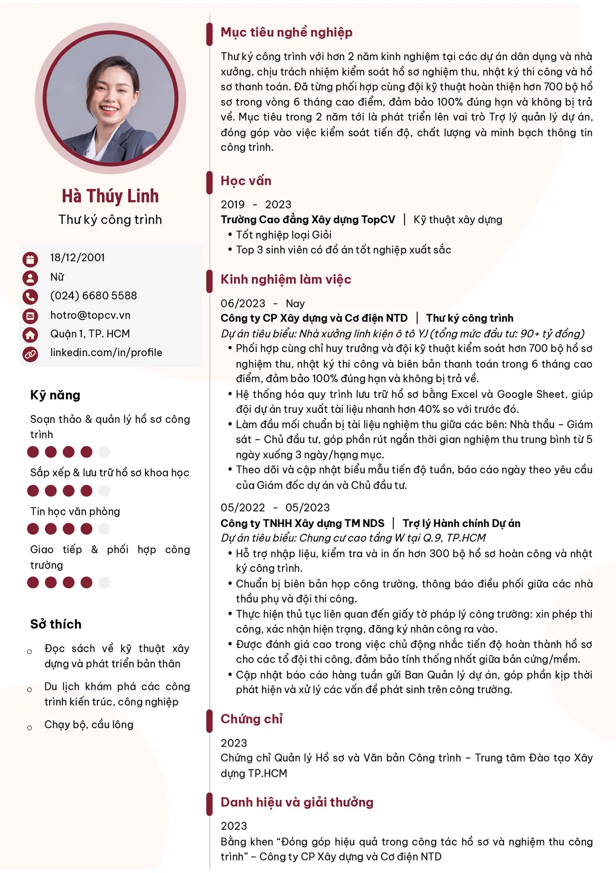 Mẫu CV xin việc Thư ký công trình