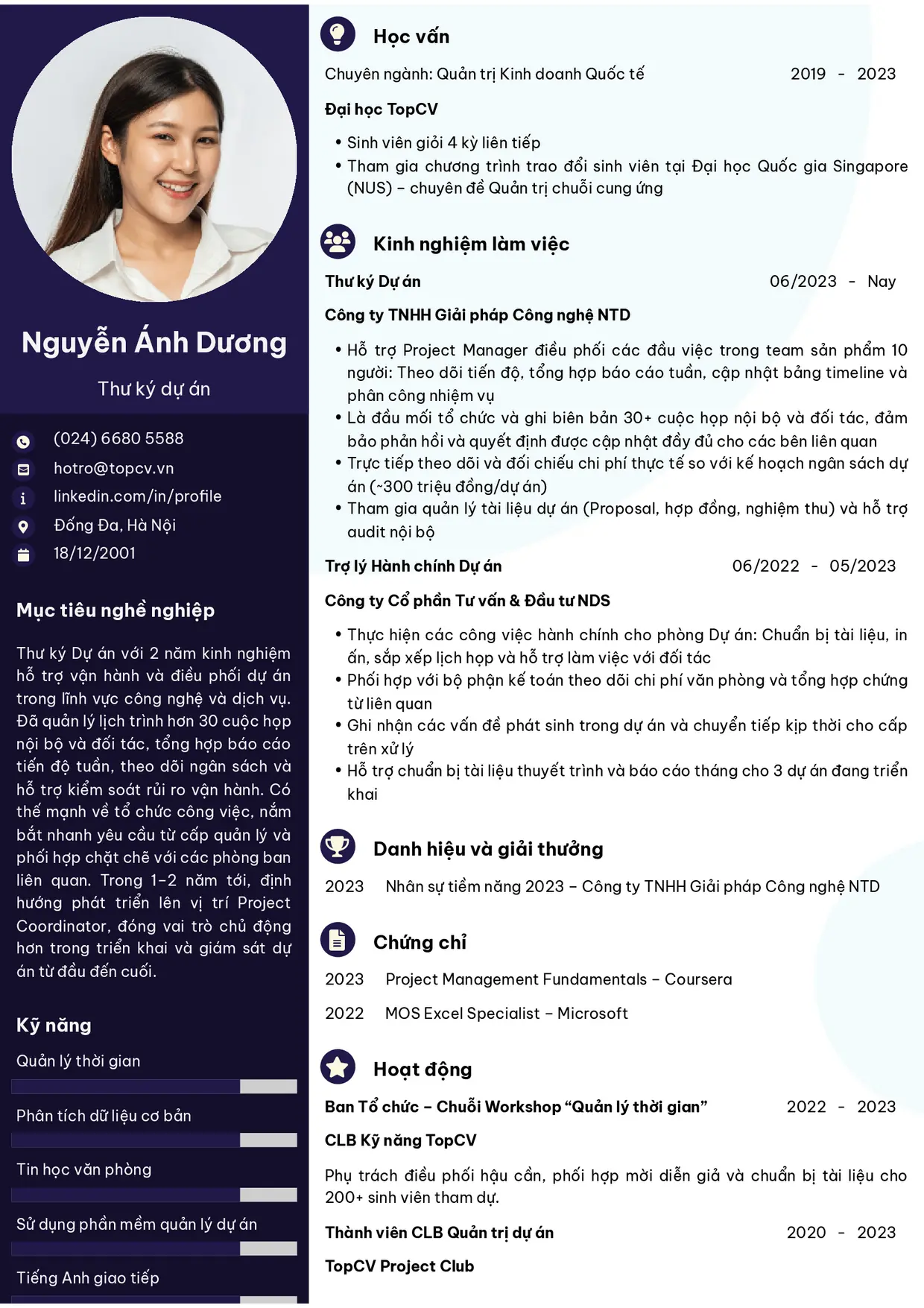 Mẫu CV Thư ký dự án style Ấn tượng 2