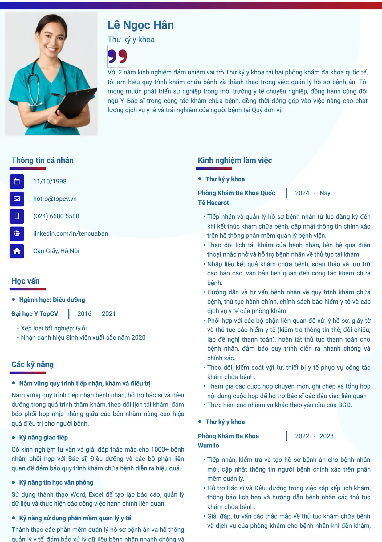 Mẫu CV Thư ký y khoa style Gradient 1