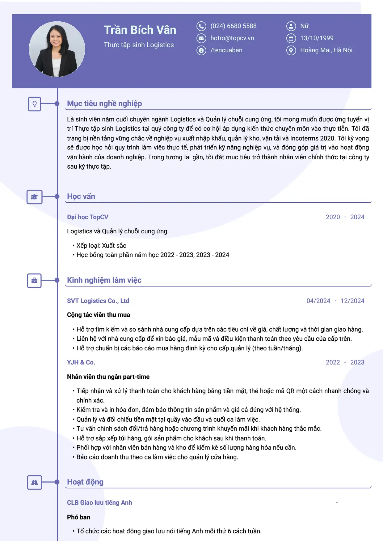 Mẫu CV xin việc Thực tập sinh Logistics