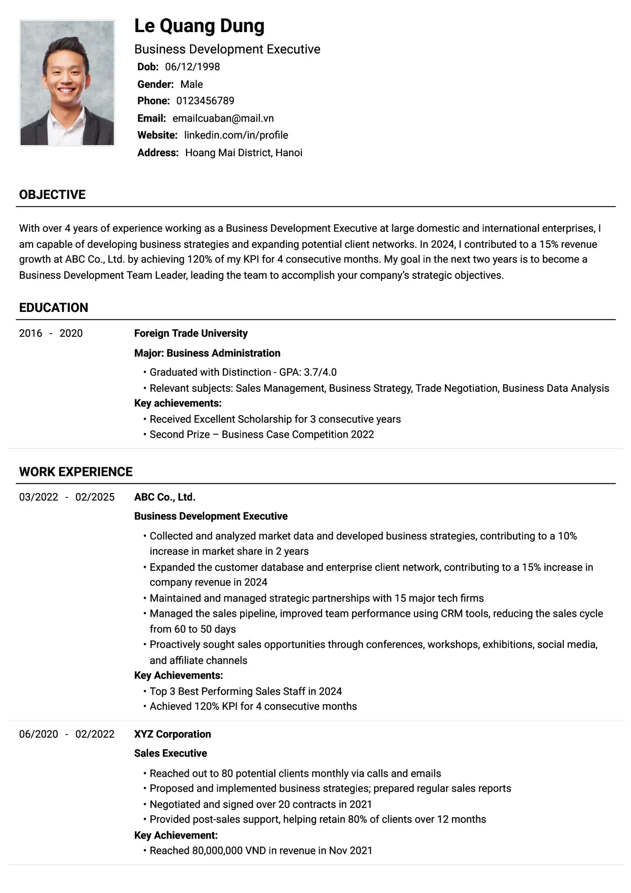 Mẫu CV xin việc tiếng Anh - Tiêu chuẩn
