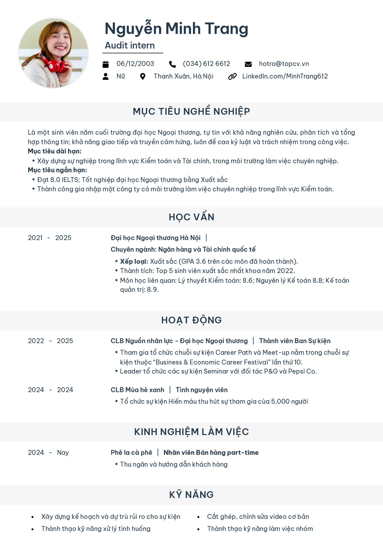 Mẫu CV Tiêu chuẩn (ít kinh nghiệm)