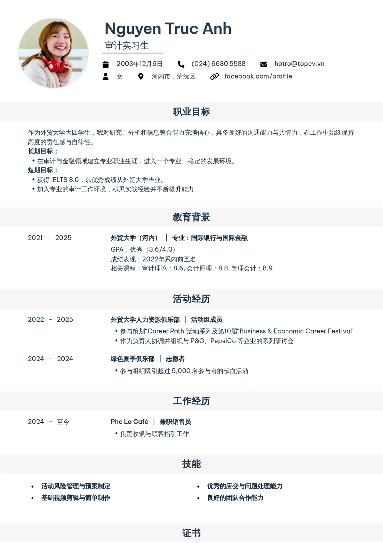 Mẫu CV Tiêu chuẩn (ít kinh nghiệm)
