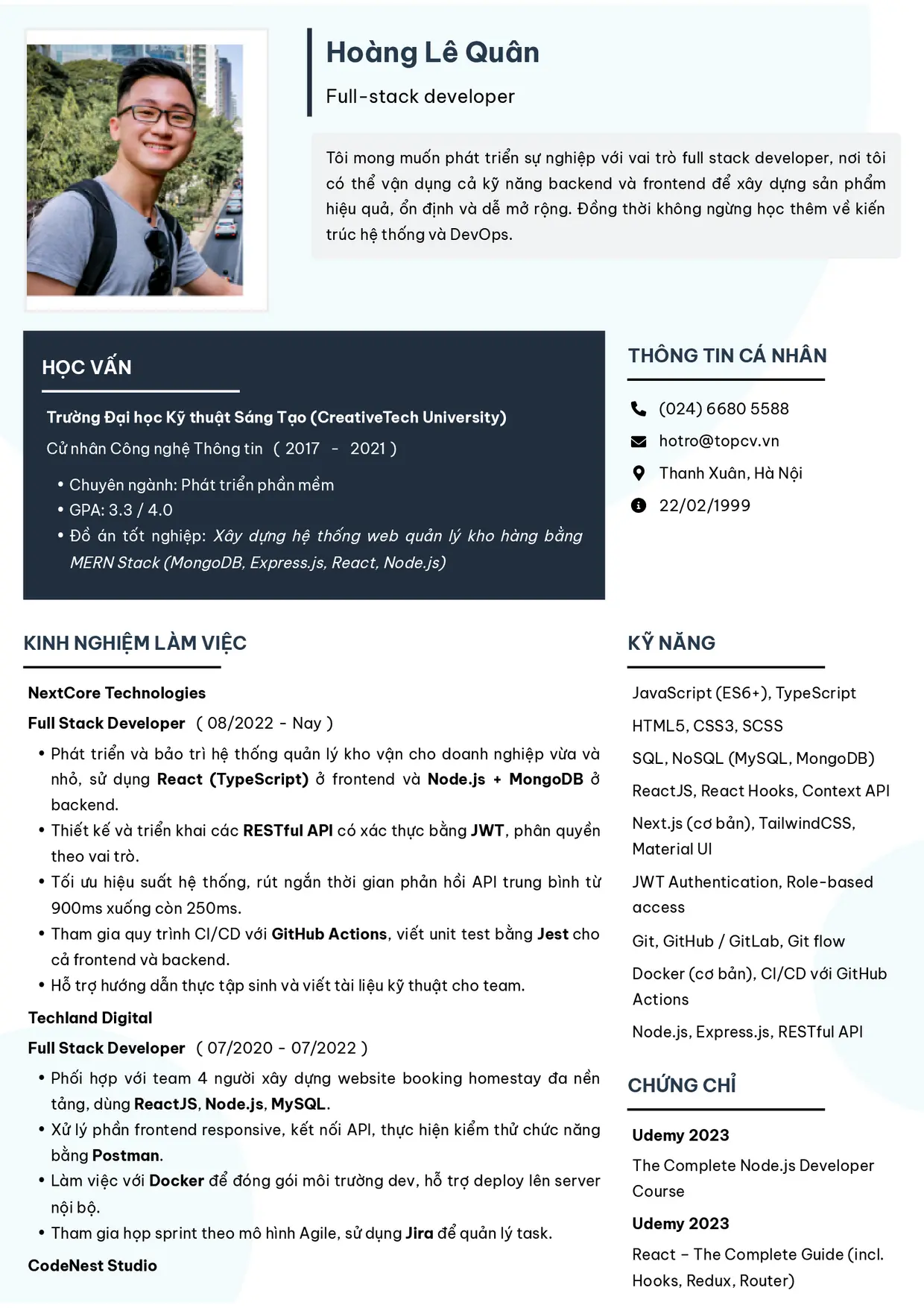 Mẫu CV xin việc Fullstack Developer