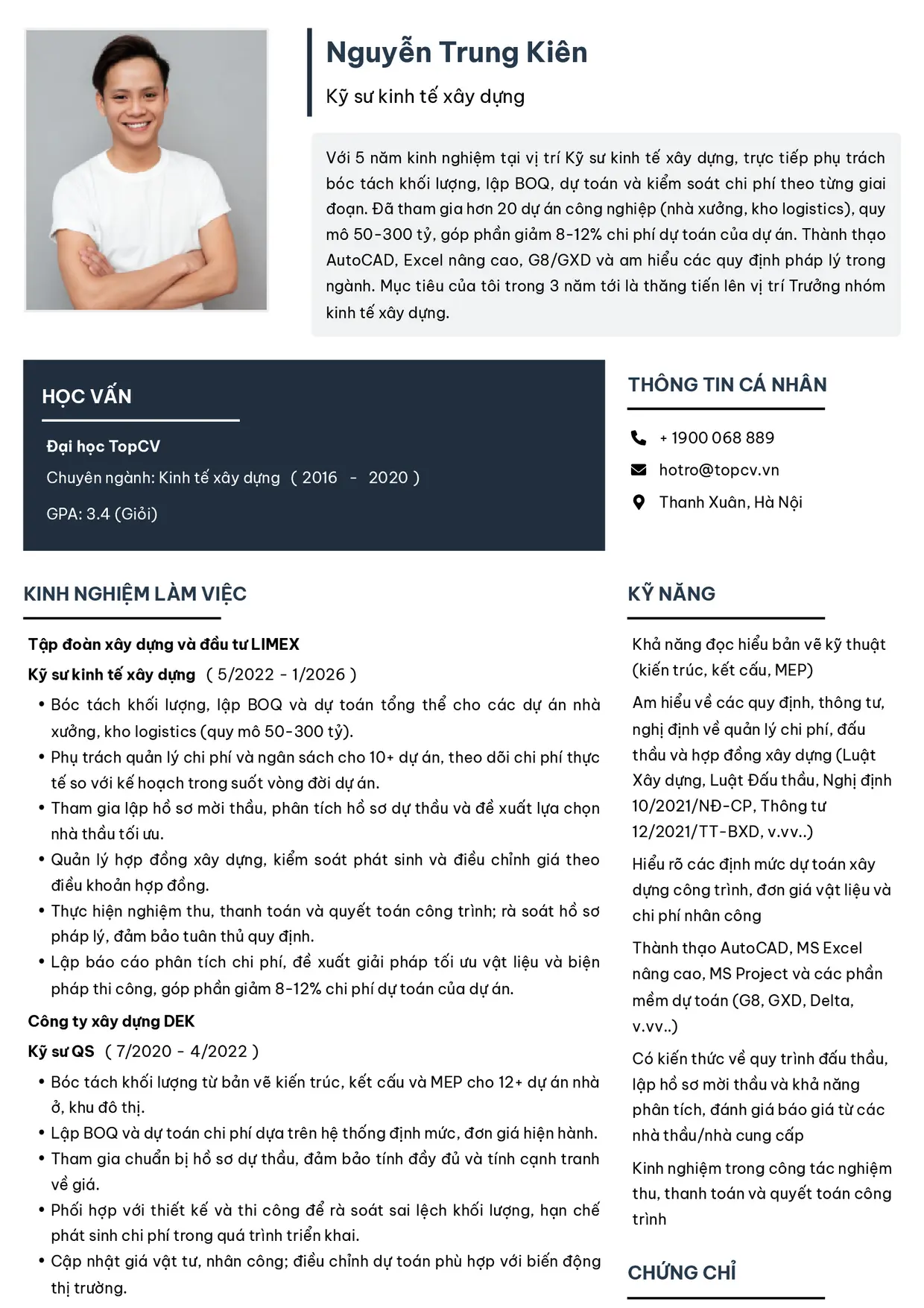 Mẫu CV xin việc Kỹ sư kinh tế xây dựng