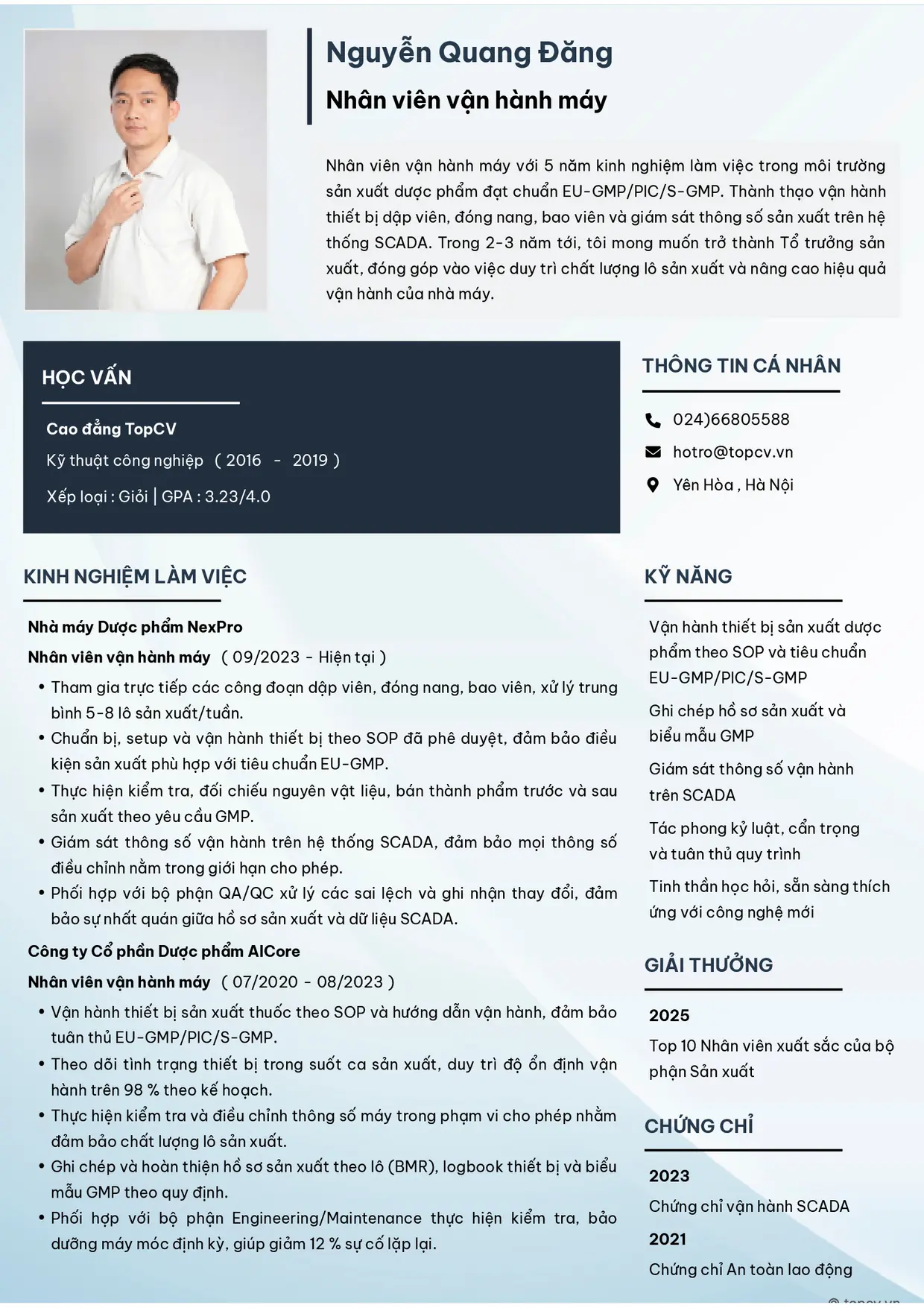 Mẫu CV xin việc Nhân viên vận hành máy
