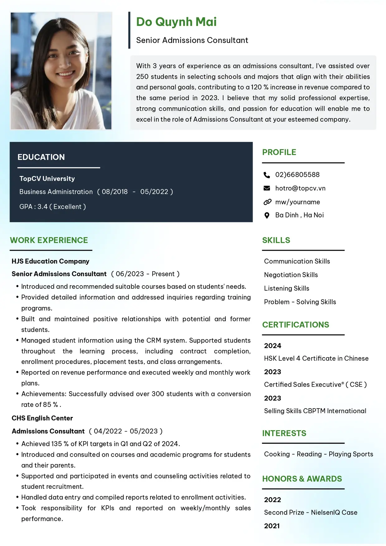 Mẫu CV xin việc Tư vấn tuyển sinh/khoá học