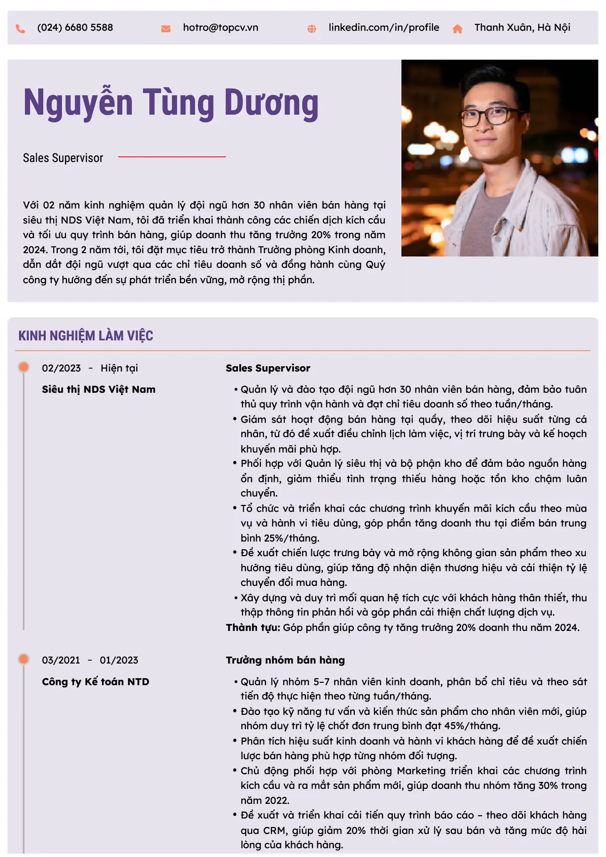 Mẫu CV xin việc Sales Supervisor