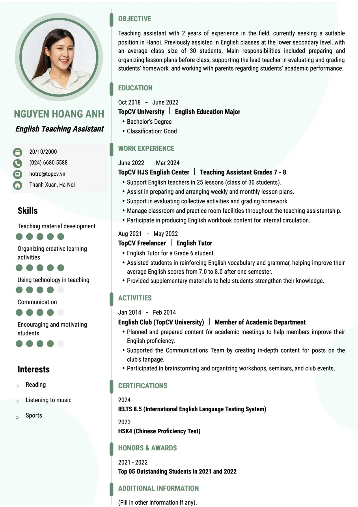 Mẫu CV xin việc Trợ giảng tiếng Anh style Ấn tượng 4