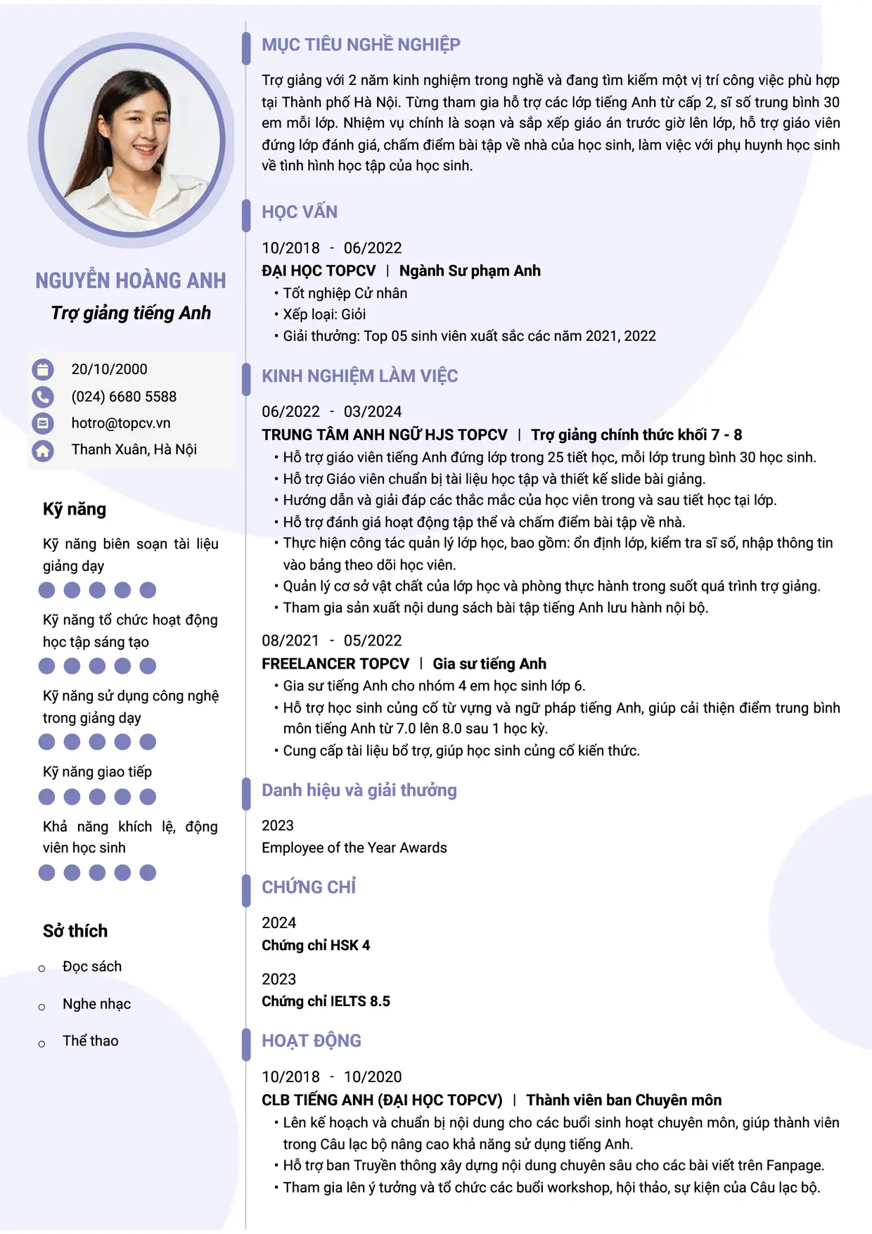 Mẫu CV Trợ giảng tiếng Anh style Ấn tượng 4