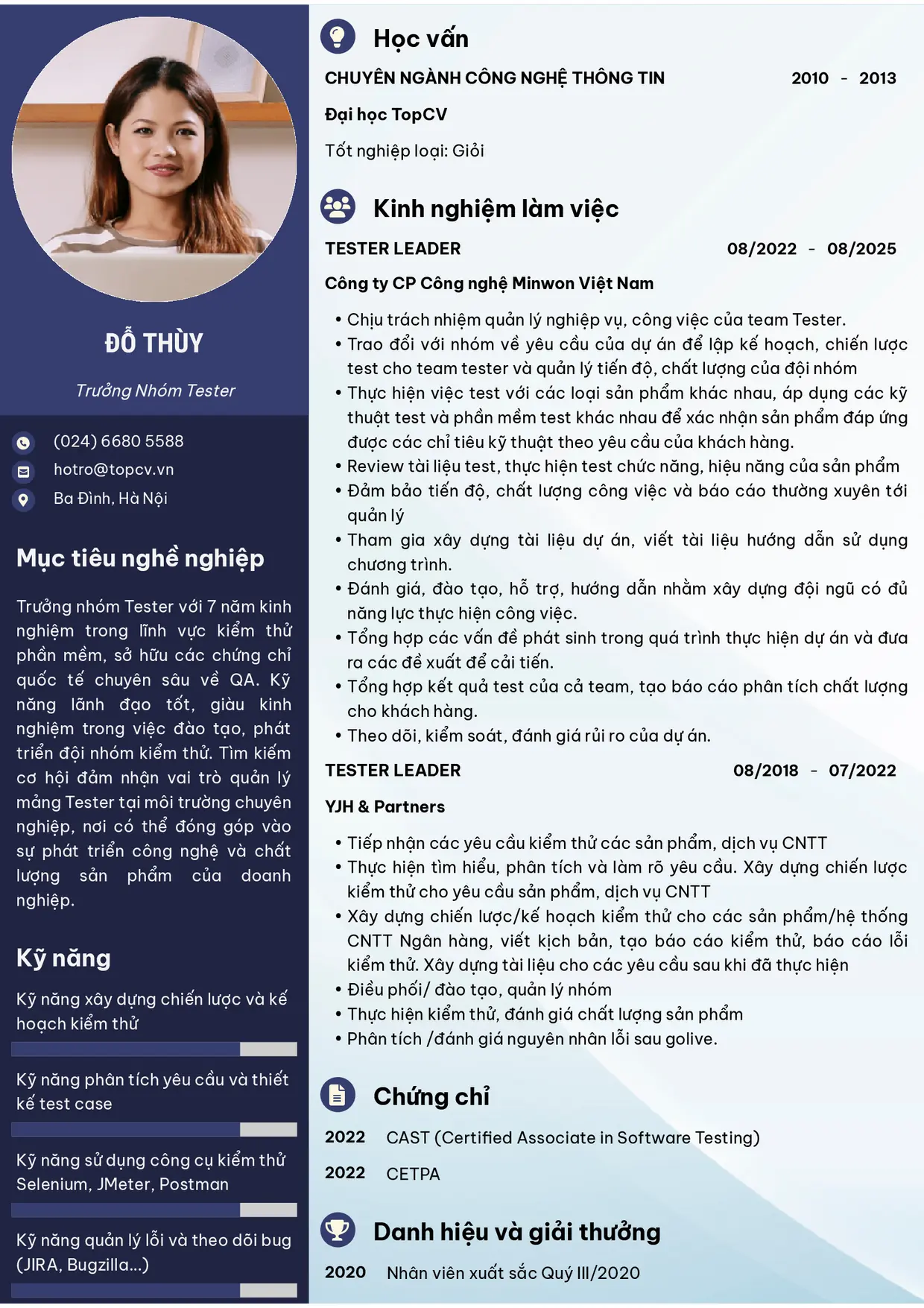 Mẫu CV Trưởng nhóm Tester style Ấn tượng 2