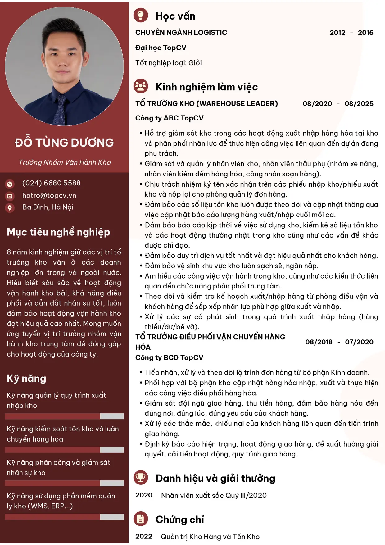 Mẫu CV Trưởng nhóm vận hành kho style Ấn tượng 2