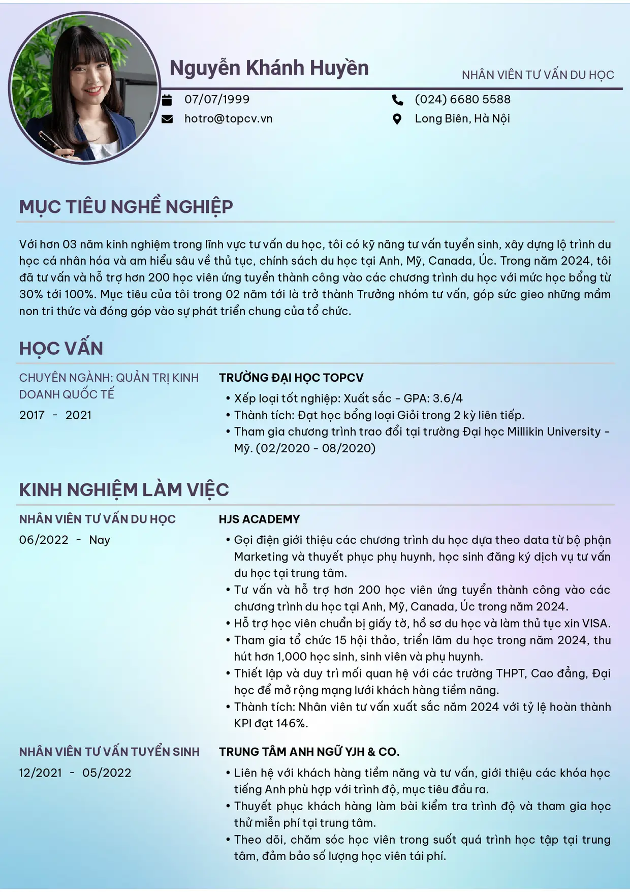 Mẫu CV xin việc Nhân viên tư vấn du học