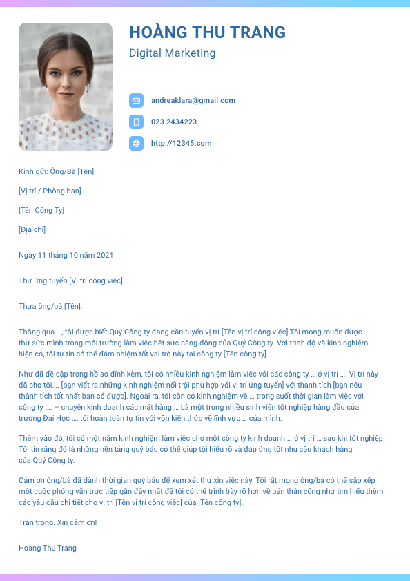 Mẫu Cover Letter/ Thư xin việc tiếng Việt - Gradient 1 - TopCV.vn Mẫu Cover Letter/ Thư xin việc tiếng Việt - Gradient 1 - TopCV.vn