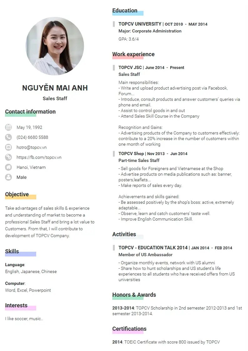 Mẫu CV xin việc Màu sắc