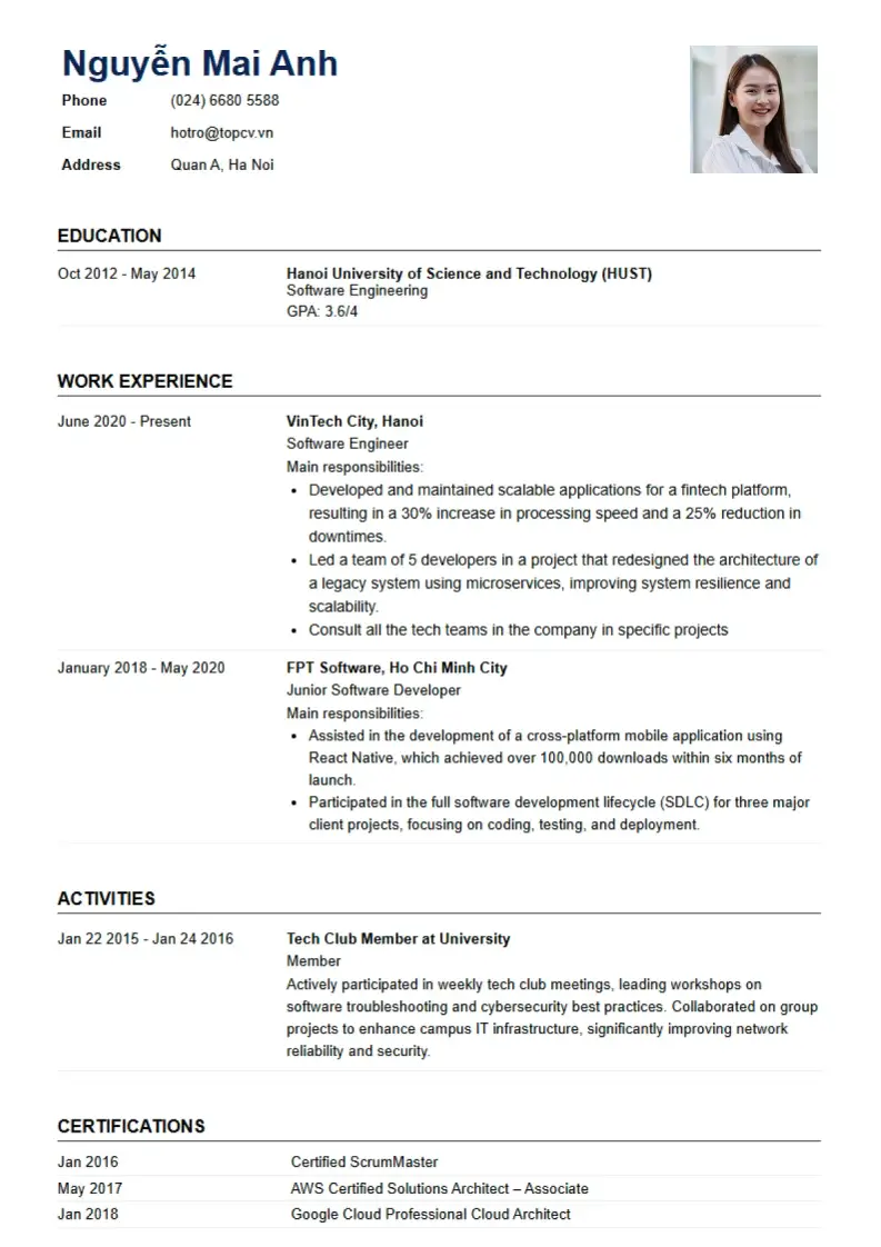 Mẫu CV xin việc Kỹ Sư Phần Mềm
