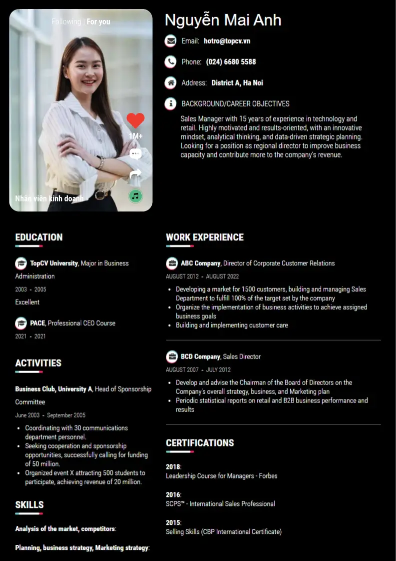 Mẫu CV xin việc TikTop