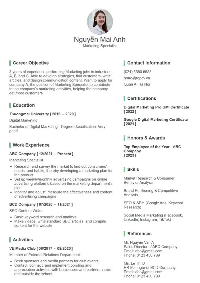 Mẫu CV xin việc Sinh Viên