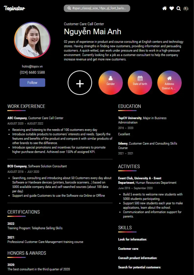 Mẫu CV xin việc Topinstar