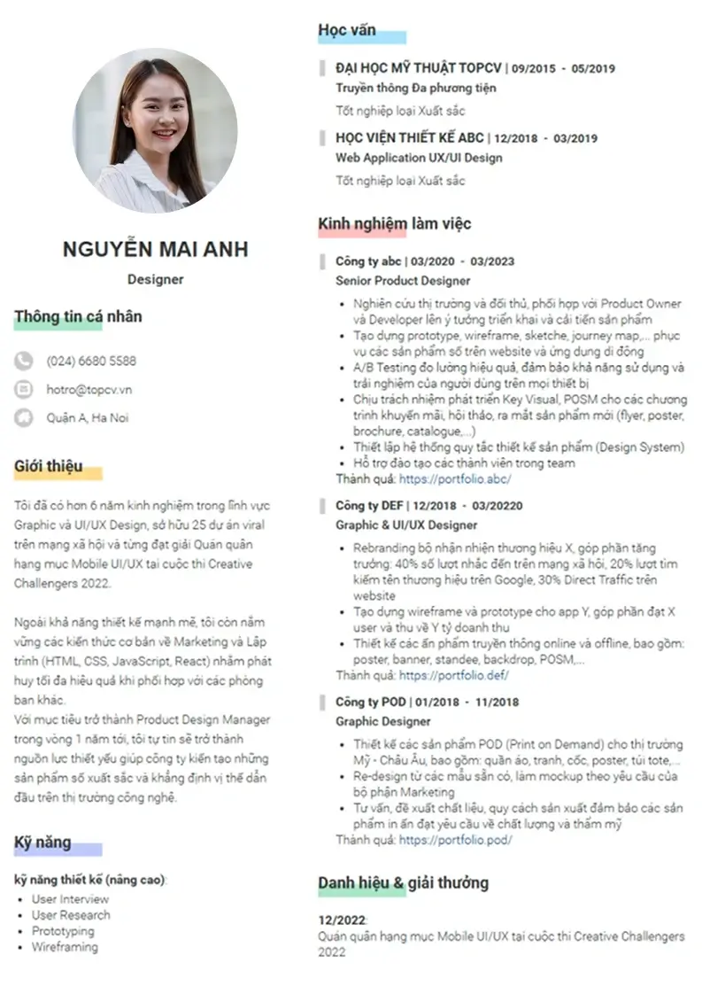Mẫu CV xin việc Màu sắc