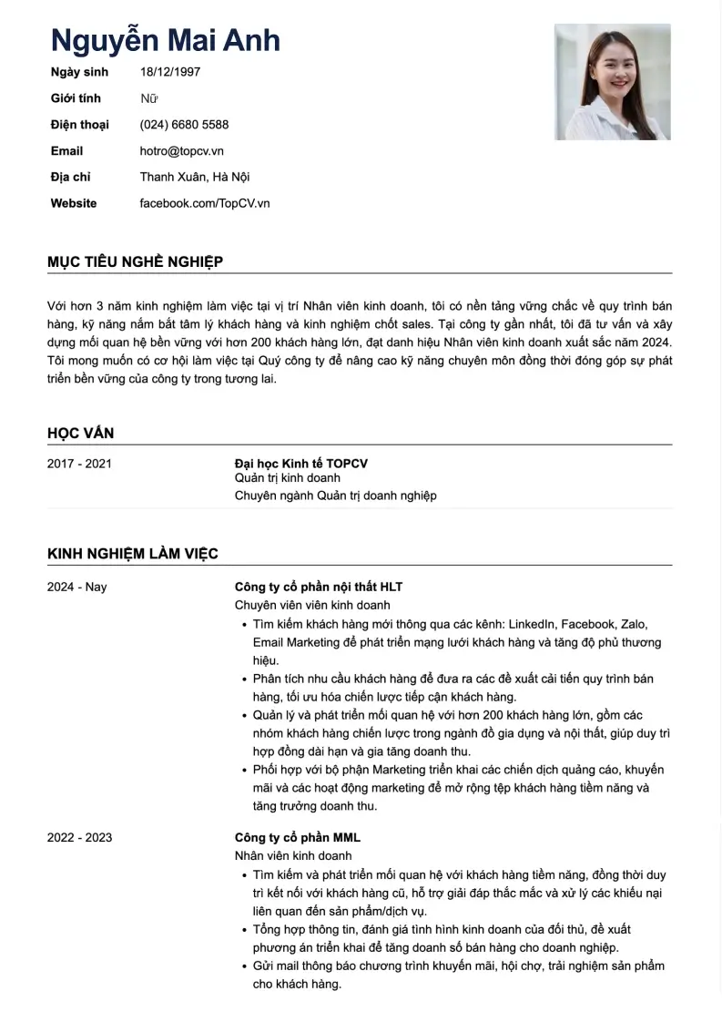 Mẫu CV xin việc Kỹ Sư Phần Mềm