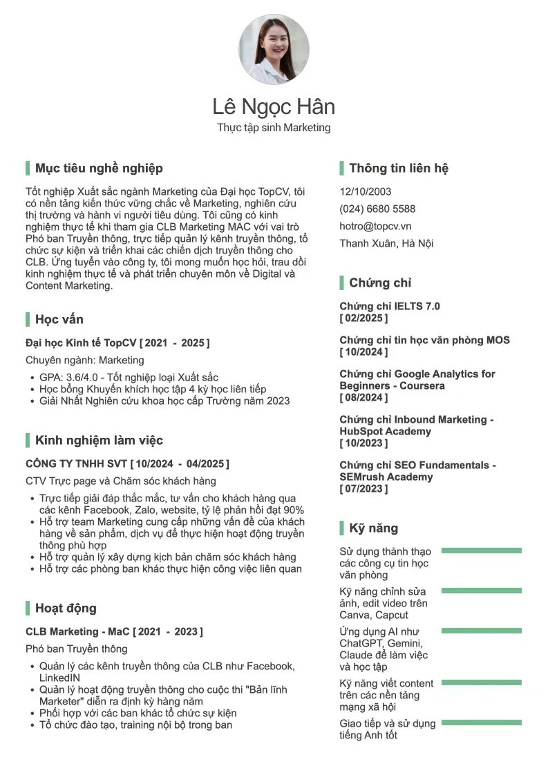 Mẫu CV xin việc Sinh Viên